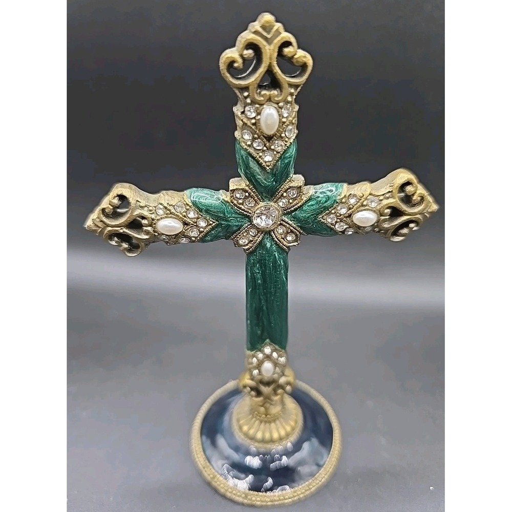 Vintage Brass Religious Green Enamel Rhinestone HEAVY Cross 5.5 inches - Picture 2 of 6